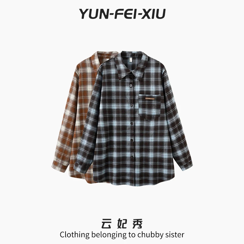 云妃秀大码女装衬衫翻领格纹百搭宽松显瘦遮肉胖妹妹秋季28091