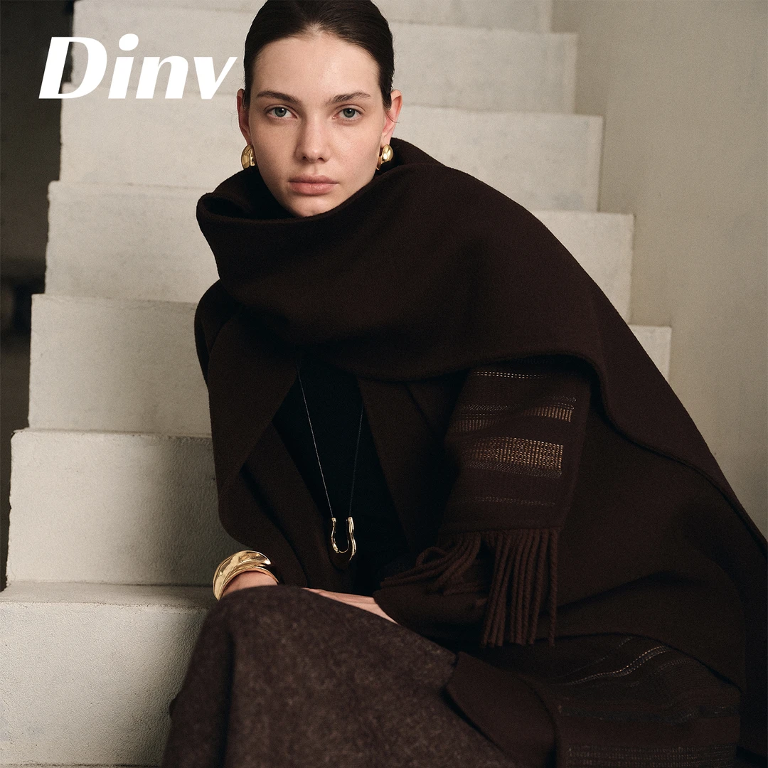Dinv/DU家设计油栗褐刺绣極简ROW风羊毛双面尼一片式斗篷围巾大衣