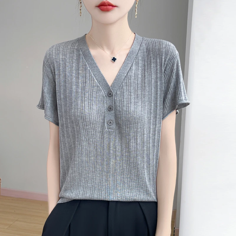 轻氧V领·莱赛尔新款纯色V领百搭针织衫短袖女夏