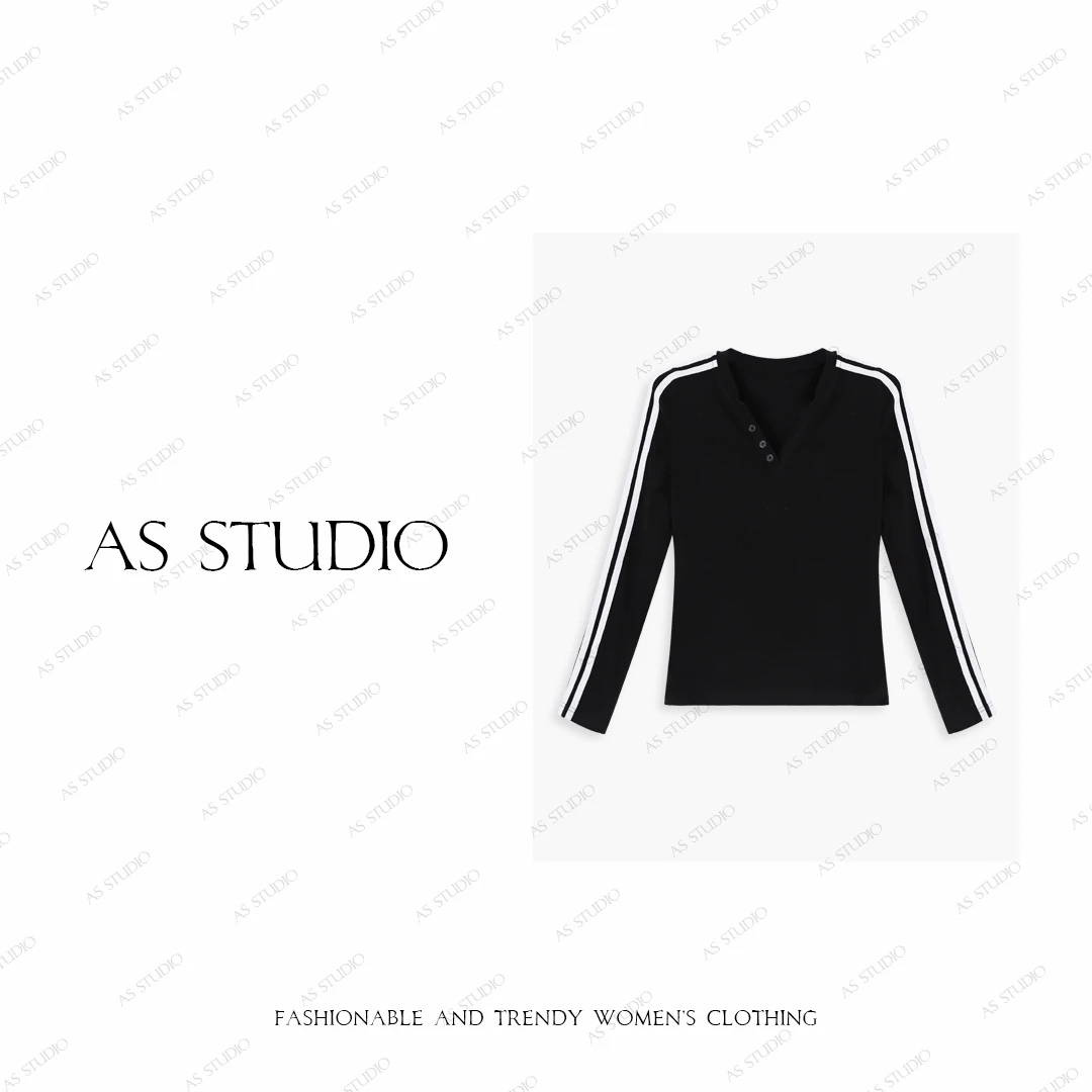 【AS三杠】25新极简质感撞色条纹半开领上衣AS25QTX02526