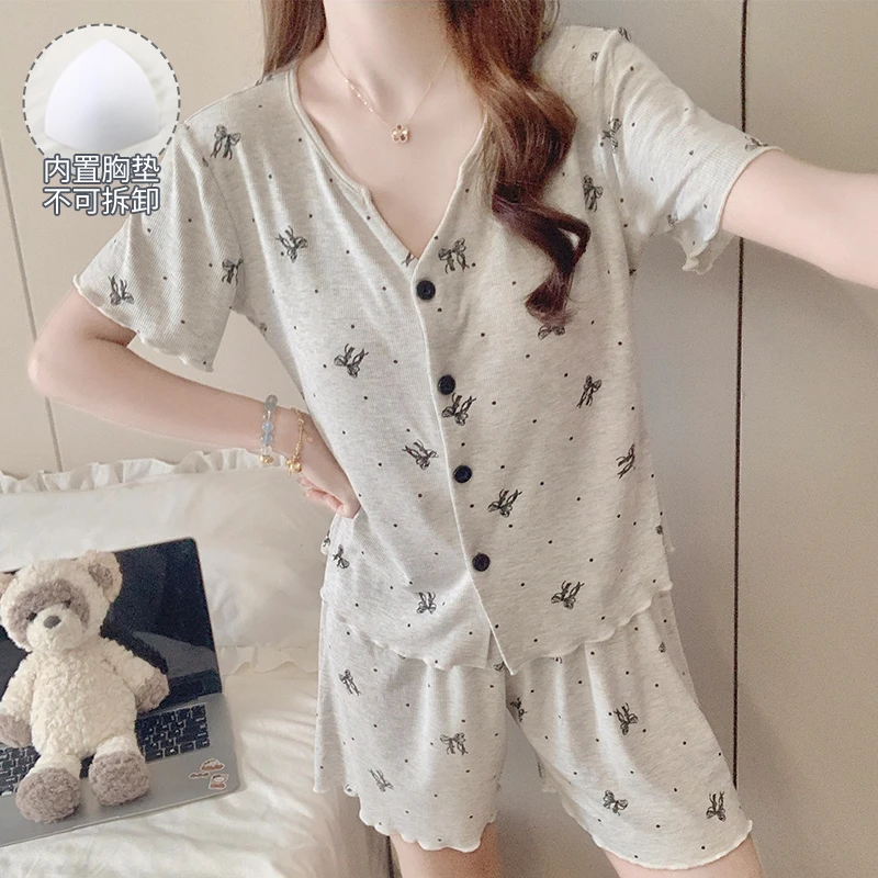 女大睡衣女款爆款2025新款可外穿大码带胸垫短袖家居服夏季两件套