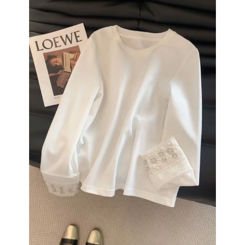 法式洋气2-300斤特大码蕾丝袖口上衣初秋男女新款纯色简约打底衫