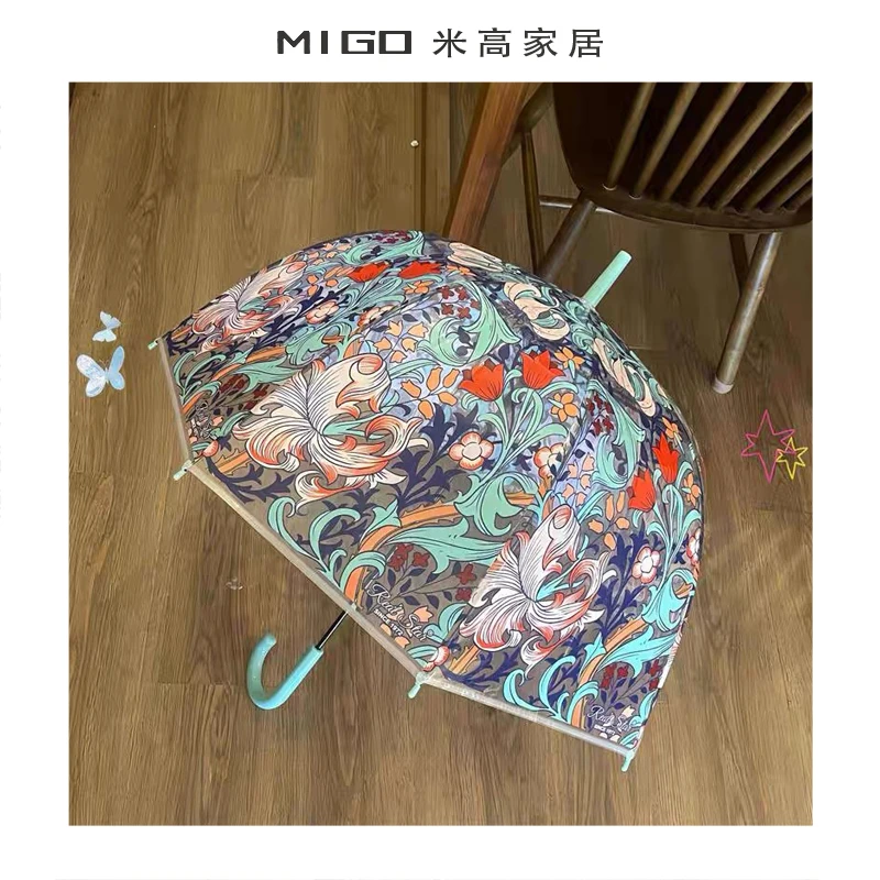 【米高家居】欧式复古繁花雨伞透明长柄日系半自动加厚防风便携伞