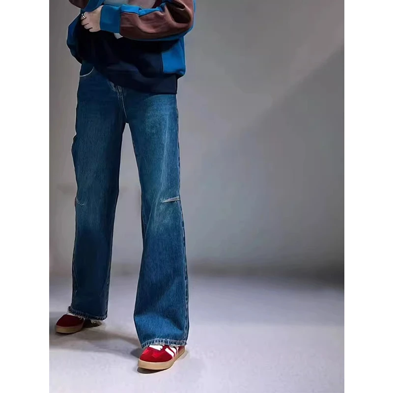 美式复古蓝色阔腿牛仔裤女秋冬小个子加绒加厚高腰宽松直筒拖地裤