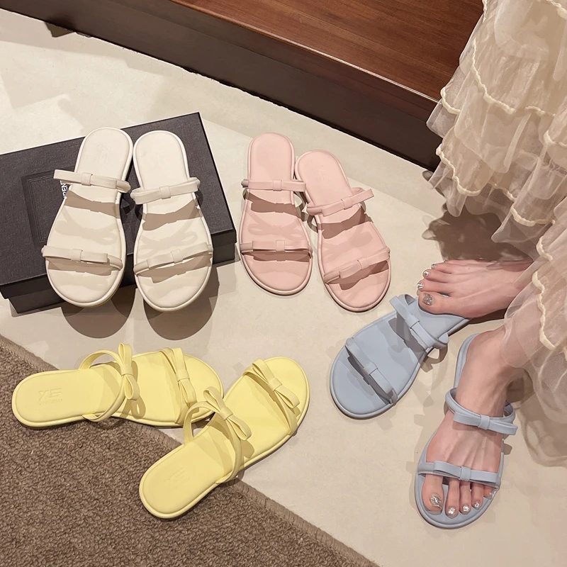 DICOO糖果色俏皮蝴蝶结露趾平底拖鞋女25夏季新款精致可爱少女感