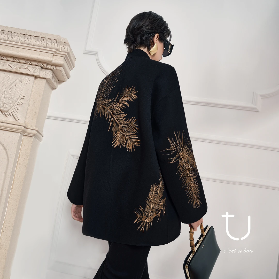 TU女装复古立领新中式刺绣羊毛双面呢大衣冬季新款毛呢外套