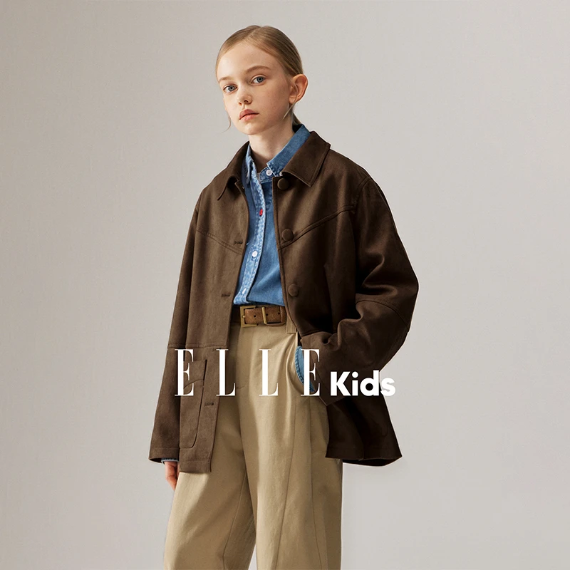 ELLE KIDS童装 复古焦茶棕女儿童秋季新款仿麂皮翻领宽松外套Q1