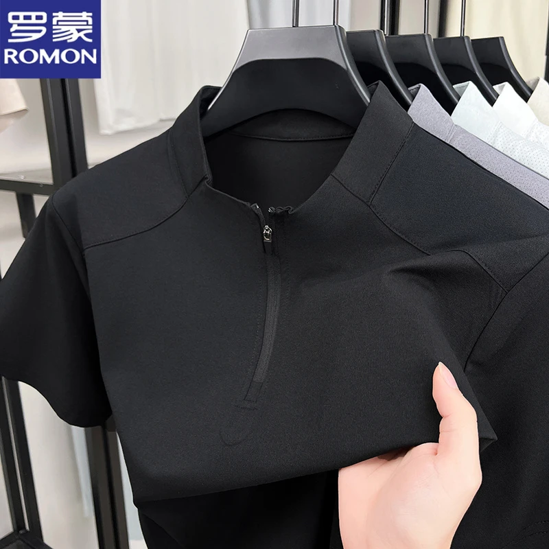 罗蒙短袖t恤男士半拉链立领运动休闲体恤衫夏季冰丝速干百搭上衣
