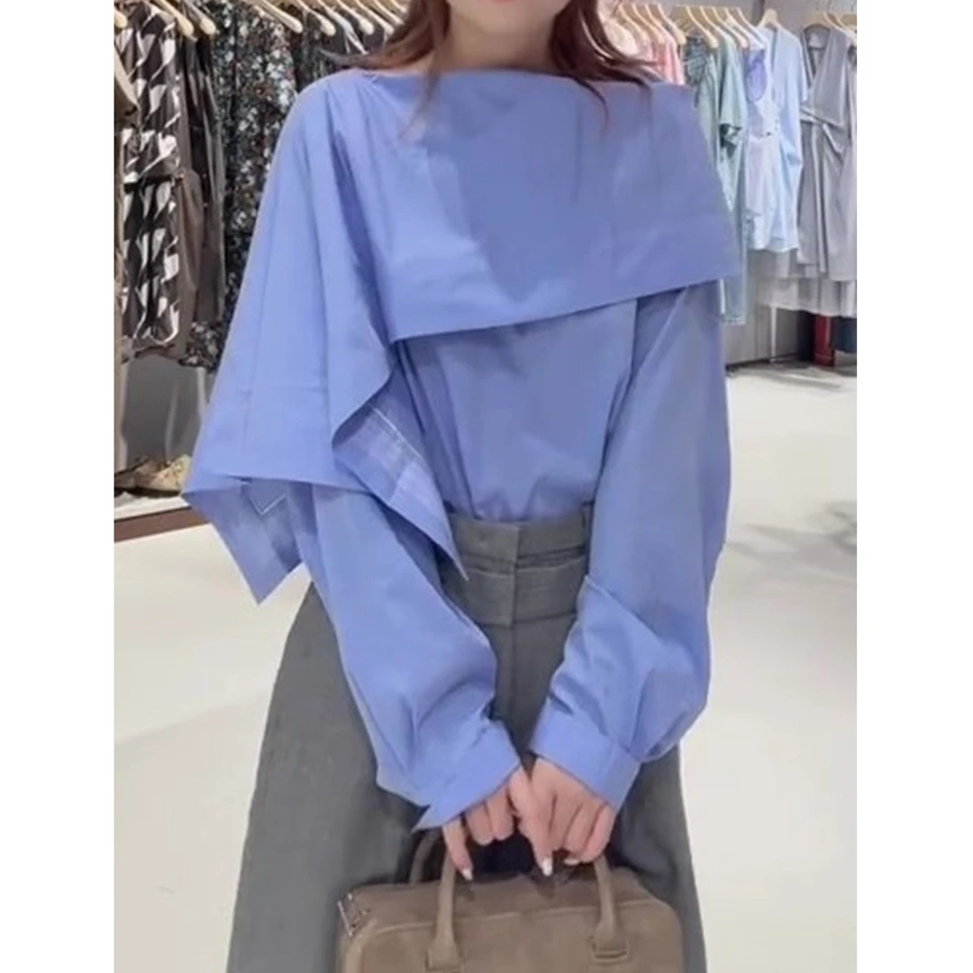 气质高级感时髦蓝色衬衫新款通勤风设计感不规则长袖上衣2025年秋