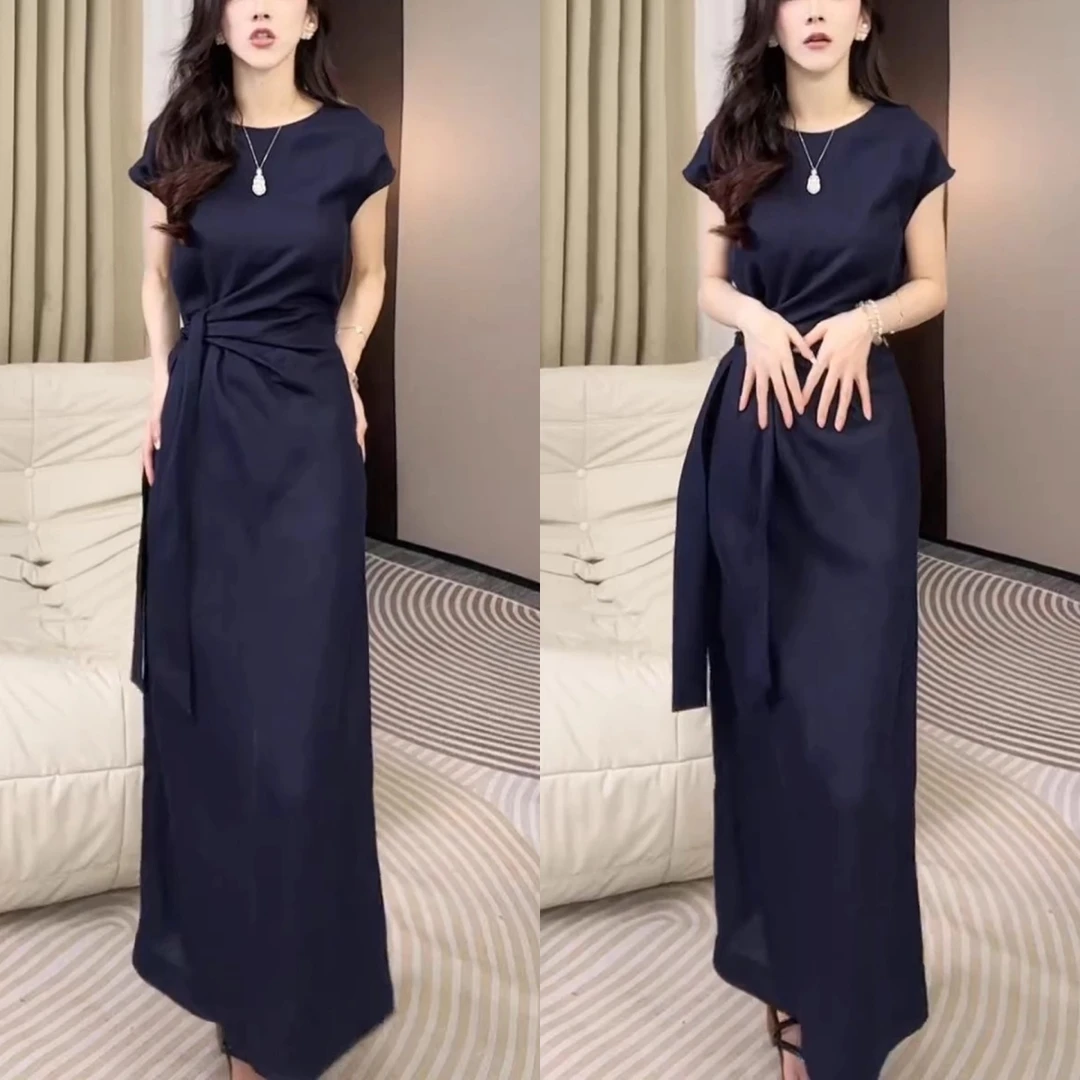 2025年夏季新款时尚设计感气质收腰显瘦飞飞袖中长款休闲连衣裙子