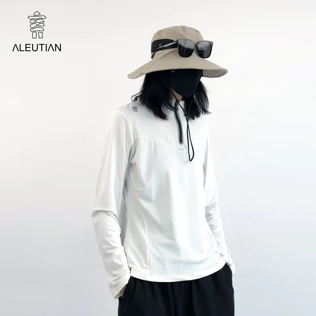 2025女士透气速干弹力吸湿排汗抗菌网布拼接半开领拉链长袖T恤