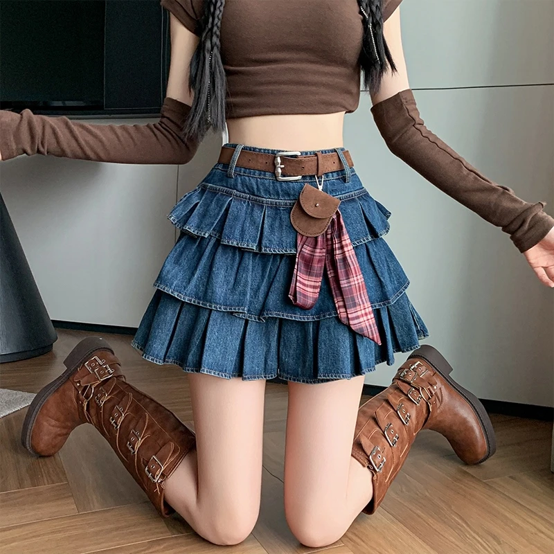 设计感牛仔蛋糕裙半身裙女早秋新款高腰显瘦复古洋气a字百褶短裙