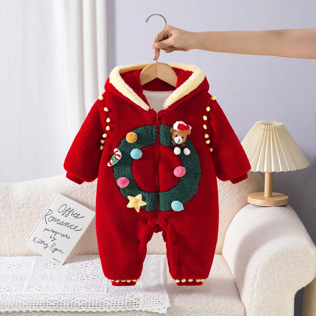 圣诞节新生儿连帽连体衣婴幼儿可爱蝴蝶结宝宝冬季衣服摇粒绒爬服