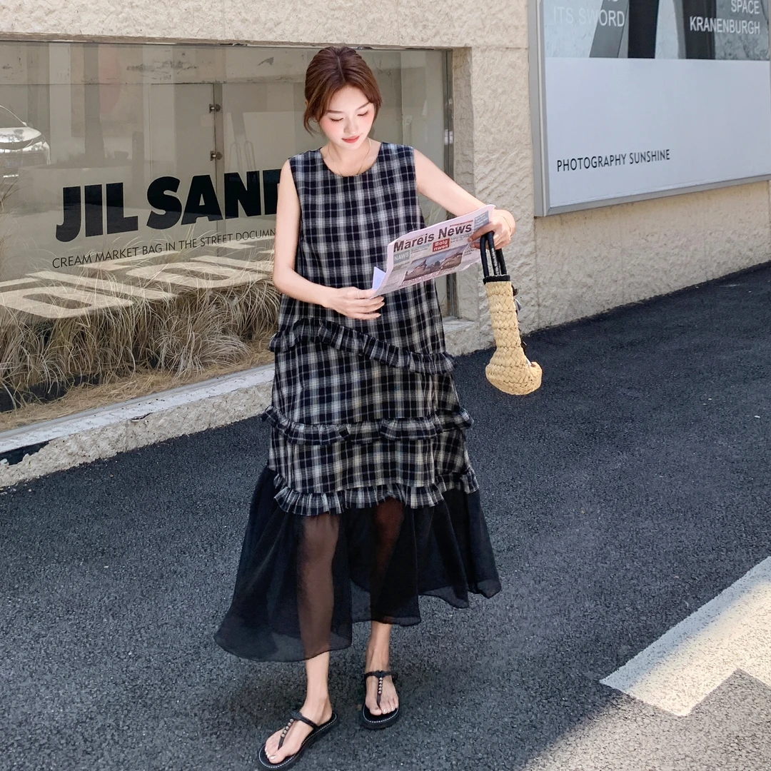 网纱裙摆拼接格子无袖背心连衣裙女夏2025新款爆款显瘦巨好看长裙