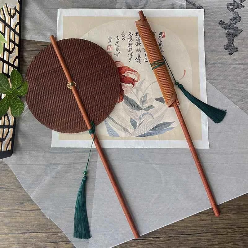 古风腰扇木长柄可折叠团扇可旋转汉服便携扇子手工麈尾扇竹篦扇
