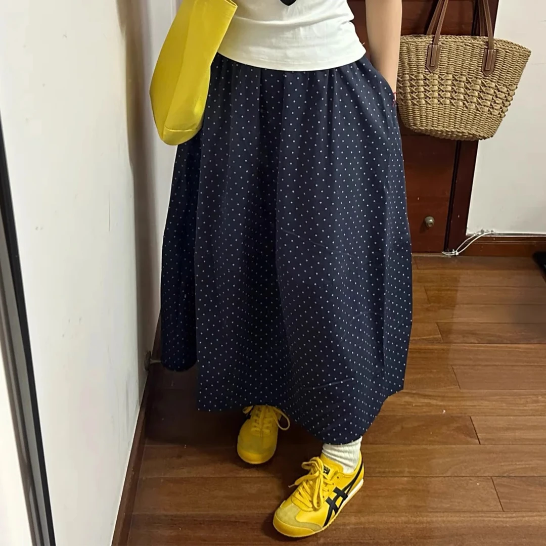 藏青色波点半身裙女新款胖妹妹mm遮胯显瘦梨形身材中长款a字伞裙