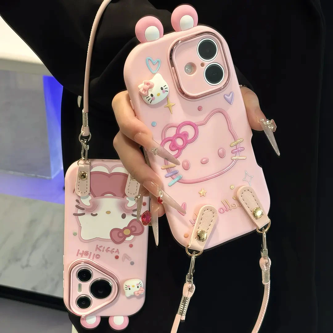少女粉kitty耳朵挂绳适用17苹果16手机壳iPhone15小米vivoppo华为