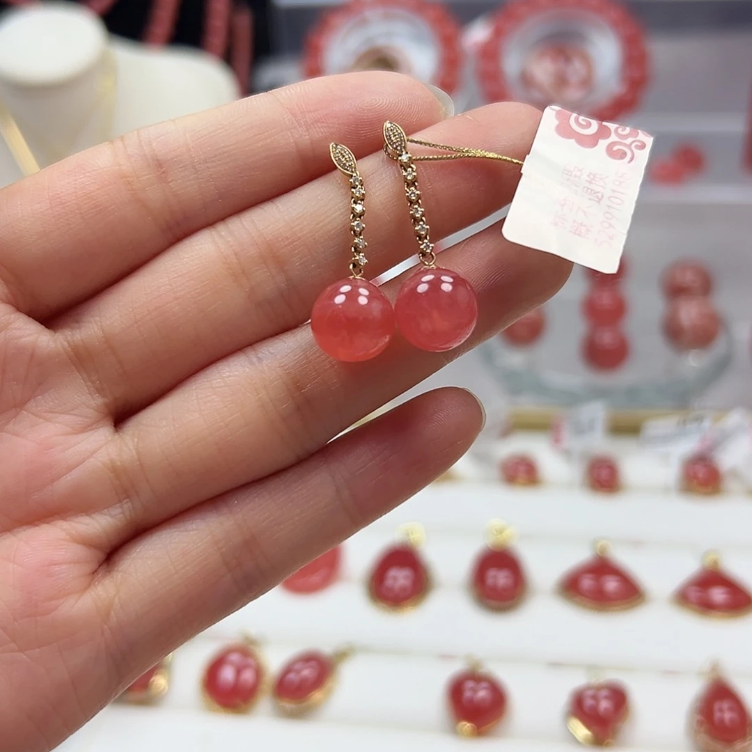 菱锰矿（红纹石）18K金镶嵌耳钉