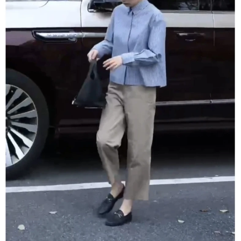 2025春夏新款时尚洋气简约长袖条纹衬衫休闲减龄百搭九分裤套装女