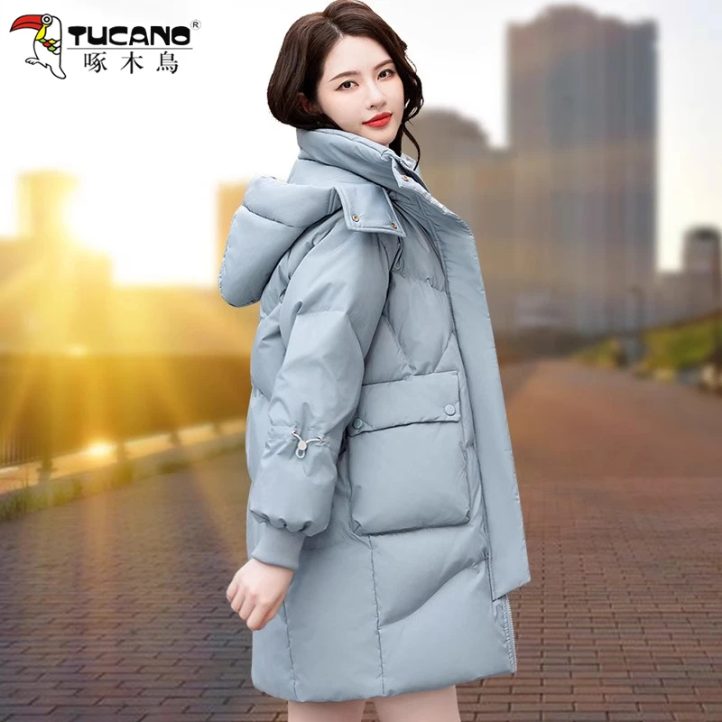 【官方】啄木鸟女士羽绒服中长款2025冬季新款时尚宽松加厚保暖外套