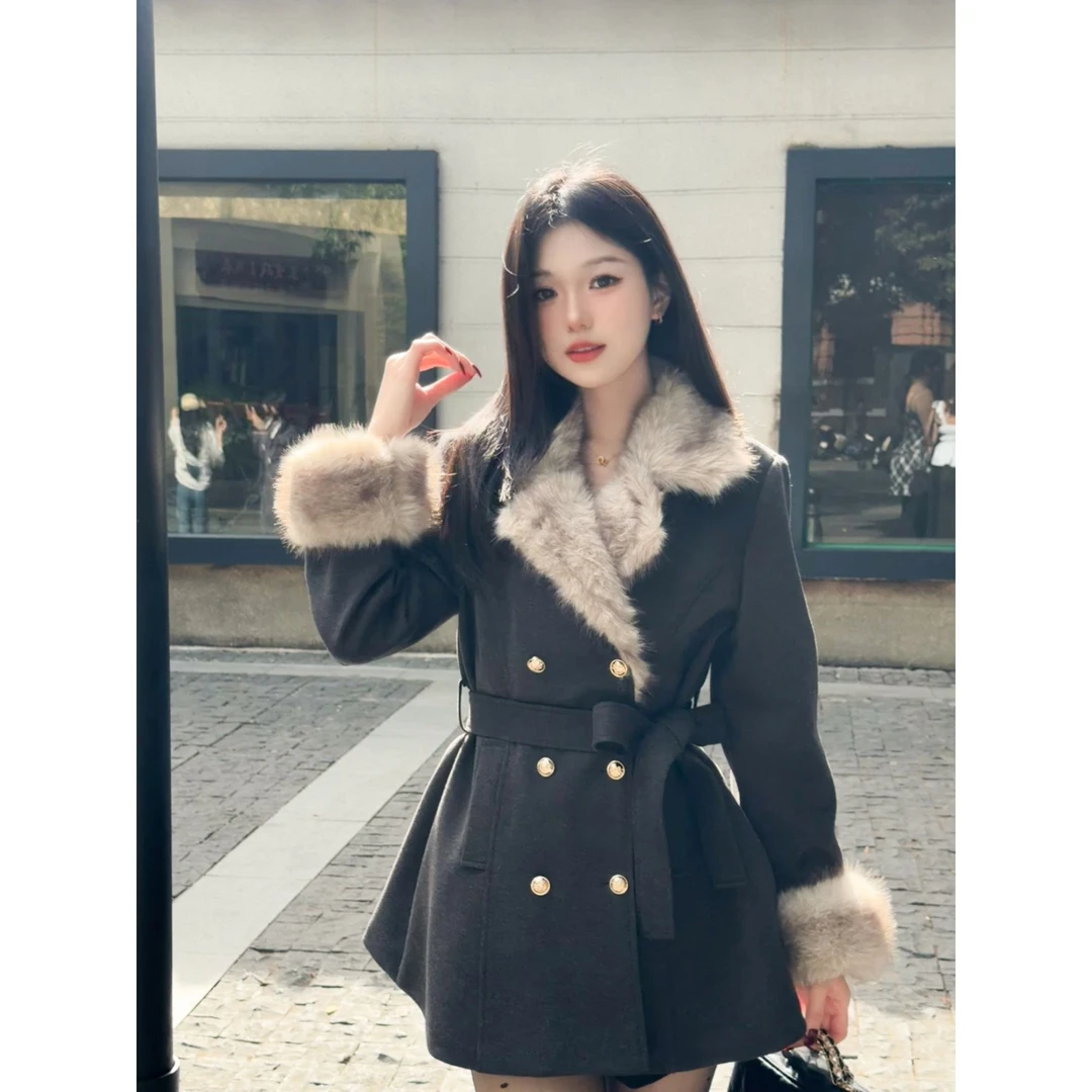 复古千金氛围感系带毛毛翻领双排扣毛呢外套女装2025新款爆款