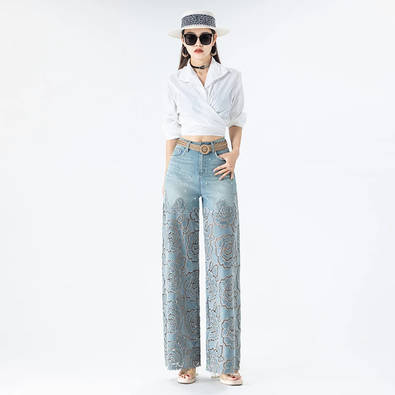 夏季新款重工绳染牡丹花型钉珠高腰显瘦修身阔腿裤女装牛仔裤