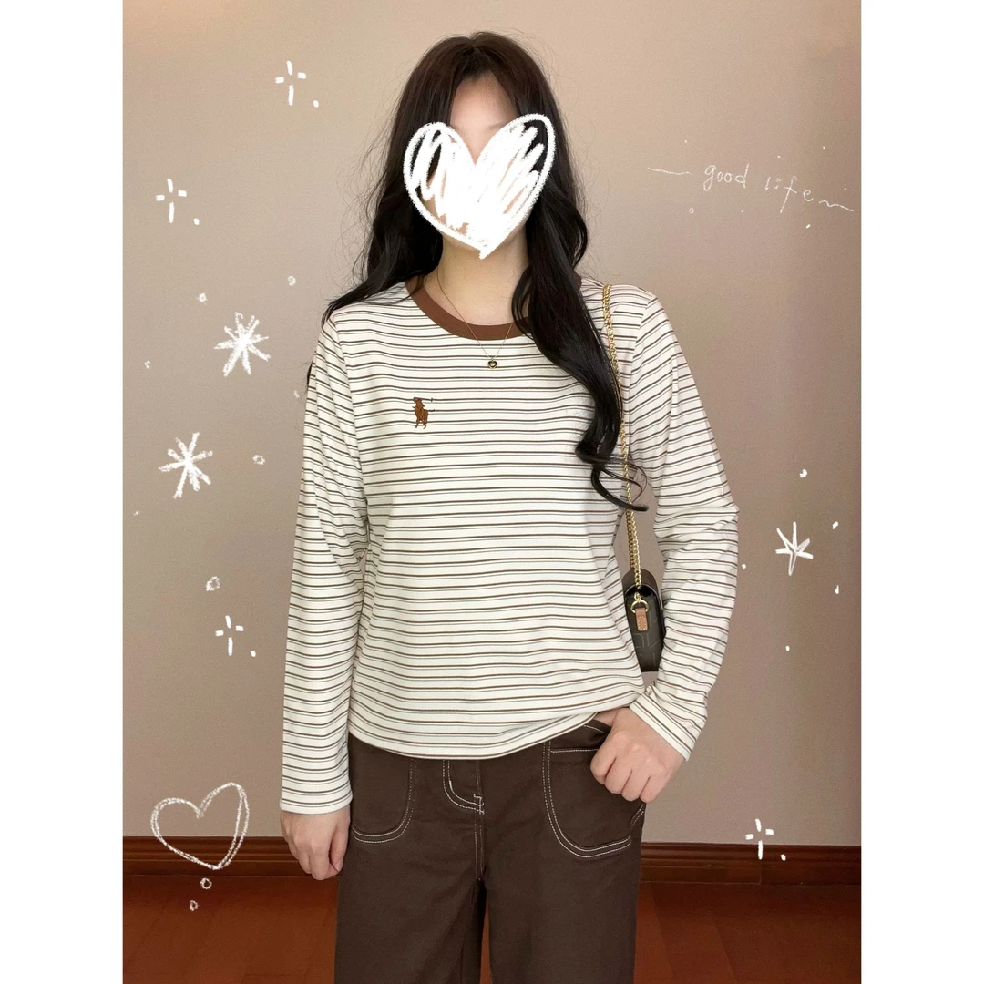 2026暖新款冬季条纹刺绣保暖绒感打底衫宽松显瘦基础通勤长袖T恤