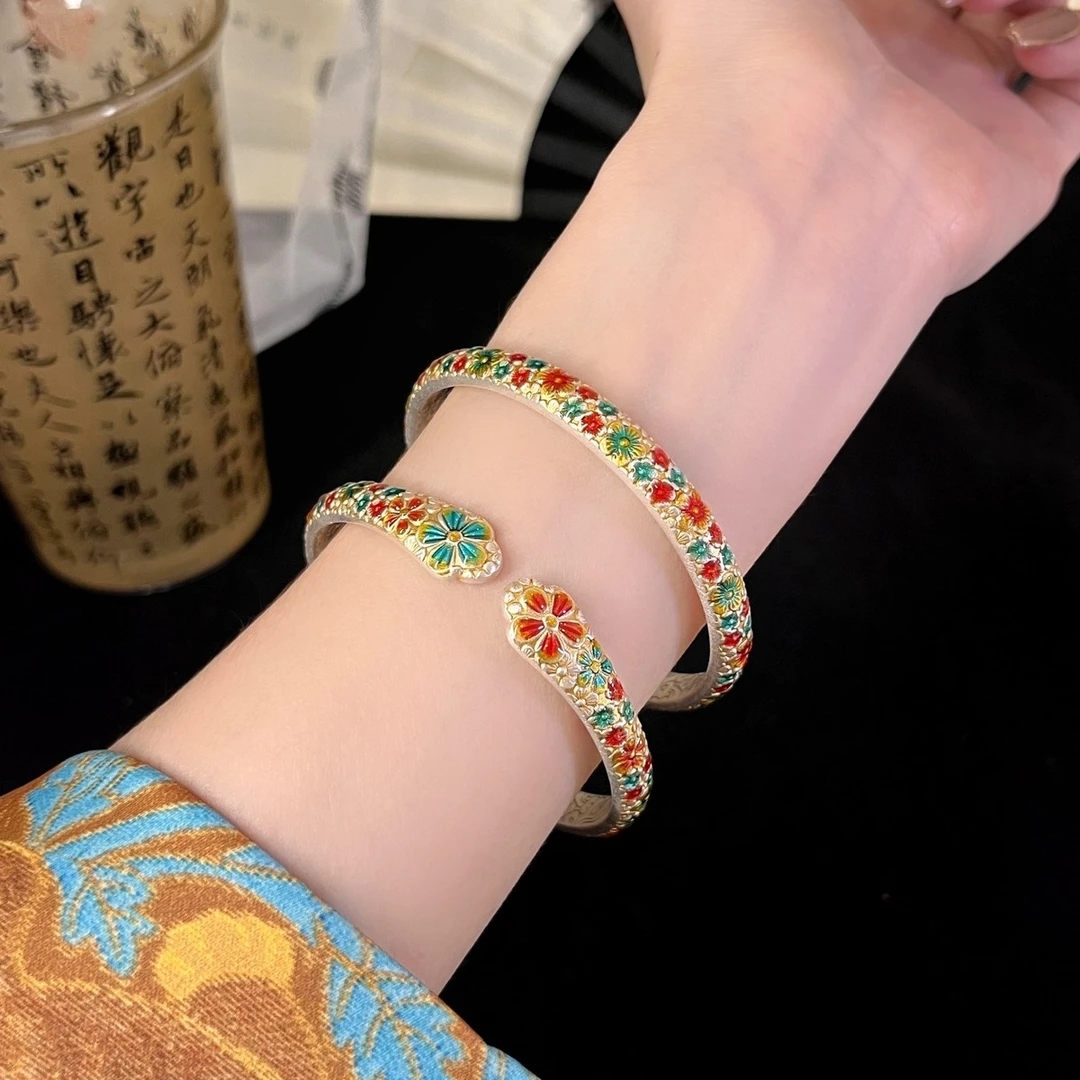 足银手镯 手镯9999银猫爪描金珐琅彩百花齐放新中式开口高级时尚