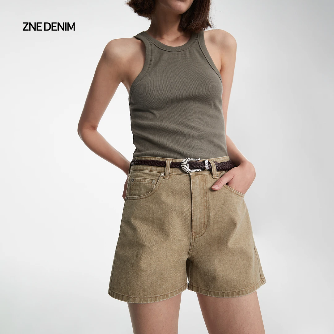 ZNE追溯复古感卡其色A字牛仔短裤1223