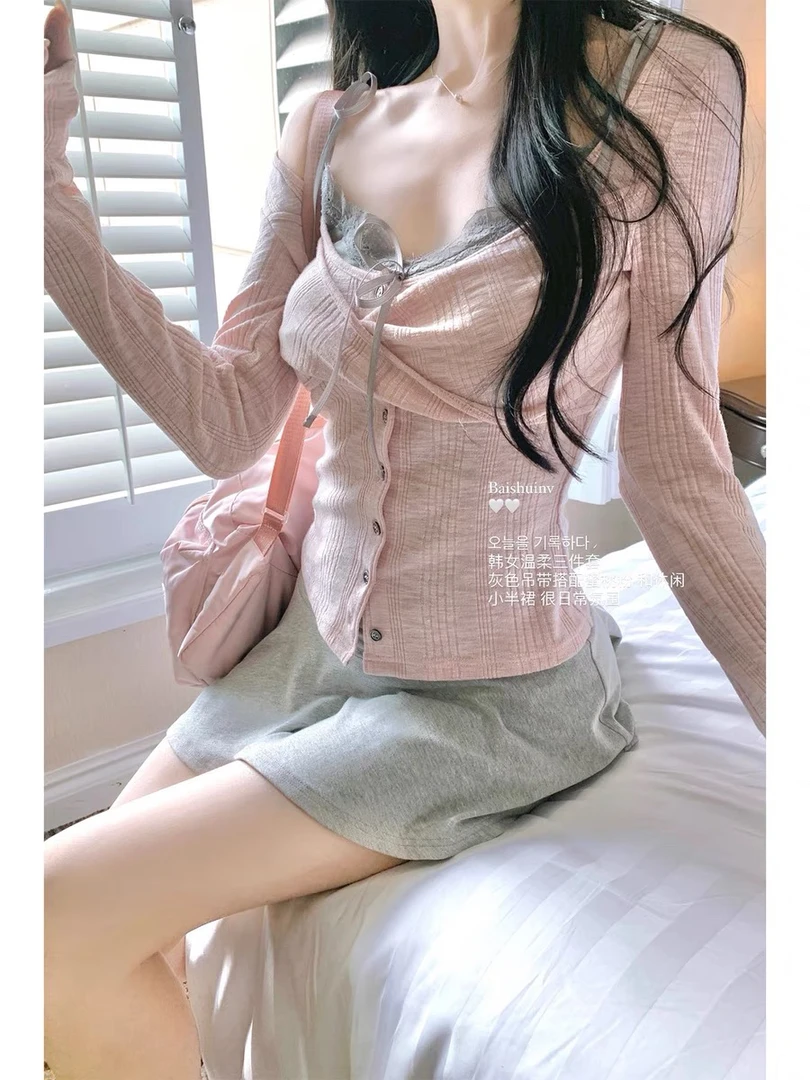 （海狮）韩女氛围 带胸垫纯欲花边吊带针织开衫套装女春韩系两件套