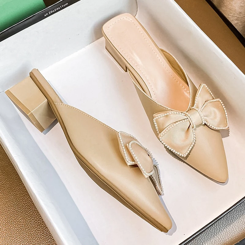 广州女鞋新款真皮法式半托单鞋尖头包头半拖鞋女夏外穿懒人穆勒鞋