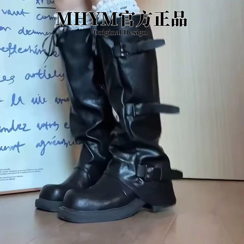 牛皮版！黑色裤管靴女复古炸街辣妹方头显瘦皮带扣粗跟褶皱骑士靴