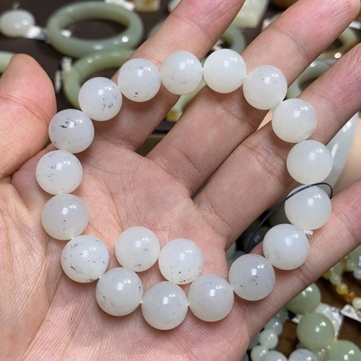 手链未镶嵌和田玉C*新疆和田黑山矿白玉点墨圆珠手串