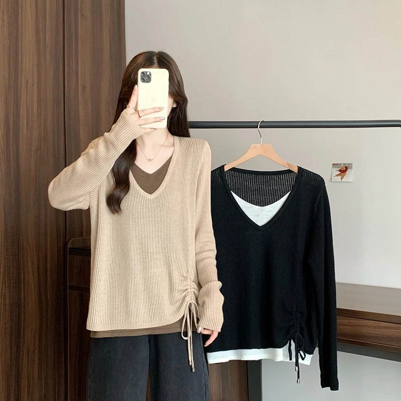 2025秋装新款胖mm大码女设计感撞色假两件抽绳针织上衣72041