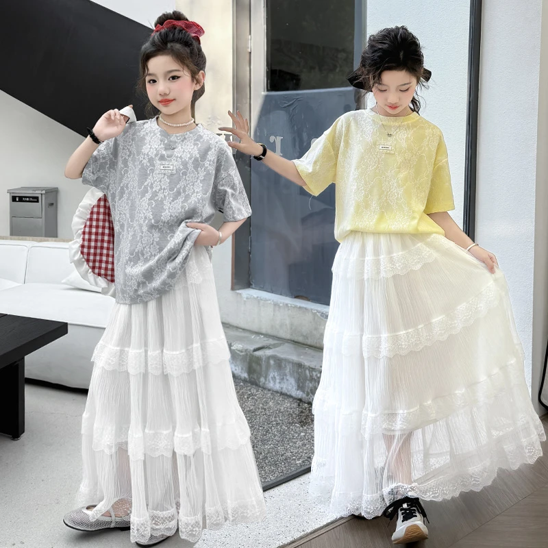 女童套装裙夏装2025新款中大童洋气短袖女孩夏季蕾丝半身裙两件套