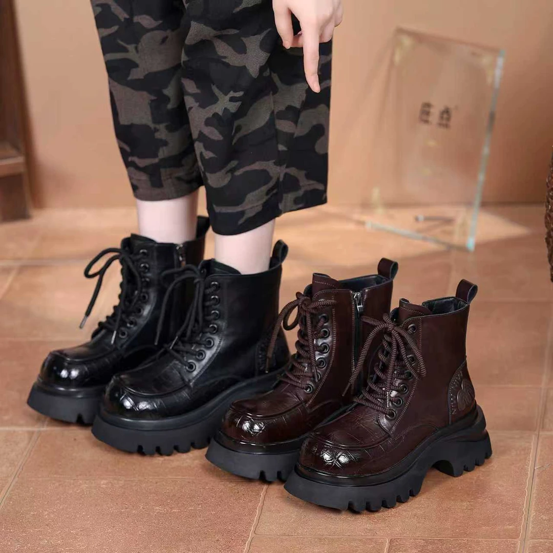 石头纹短筒马丁靴秋冬新款英伦风靴子时尚百搭粗跟厚底系带马丁靴
