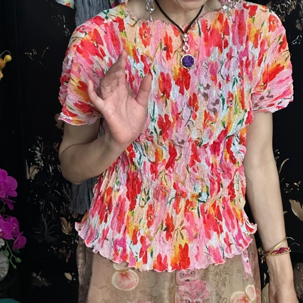 【朱帝家】碎花郁金香粉色褶皱T恤