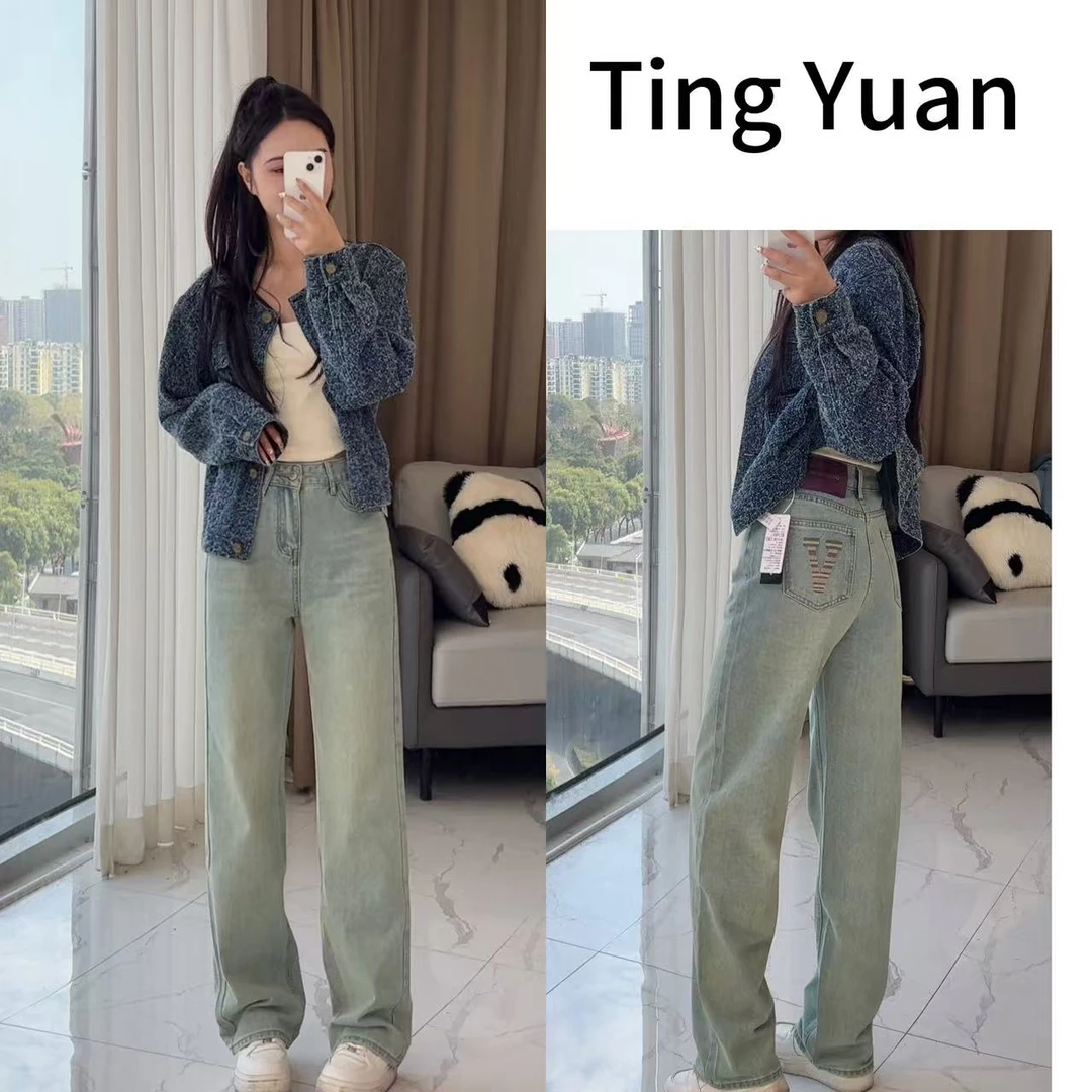 挺缘直筒牛仔裤女2025年春季新款刺绣高腰小个子窄版阔腿裤9931