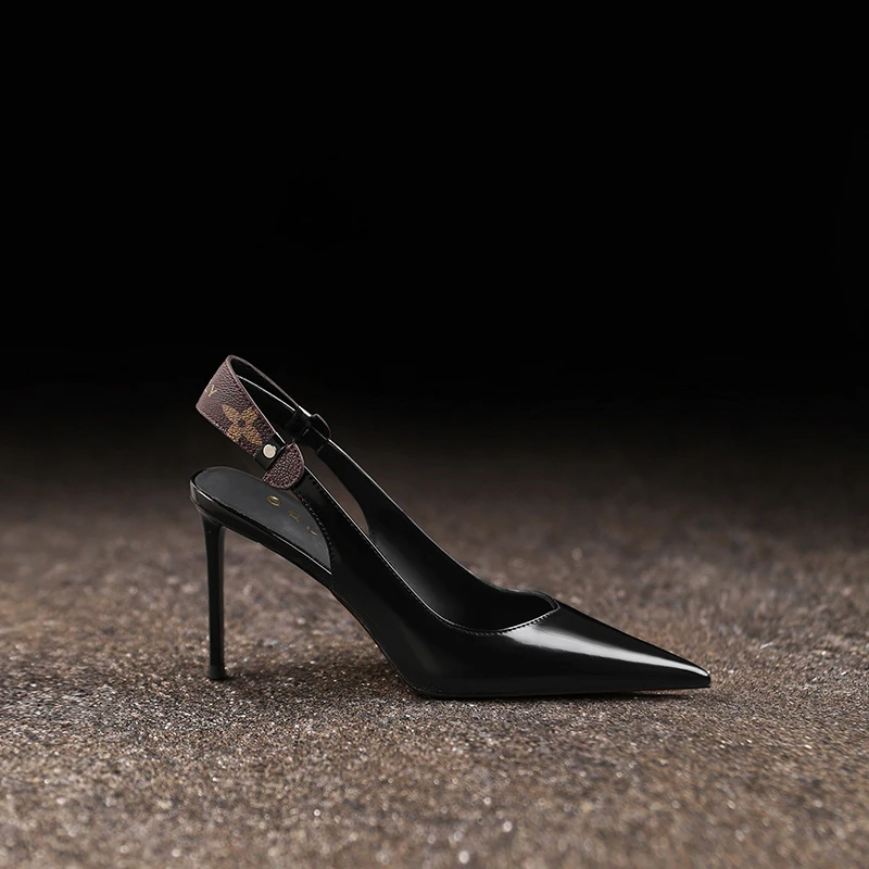 优雅法式高跟鞋细跟真皮品牌女鞋夏季新款黑色后空包头凉鞋高级感