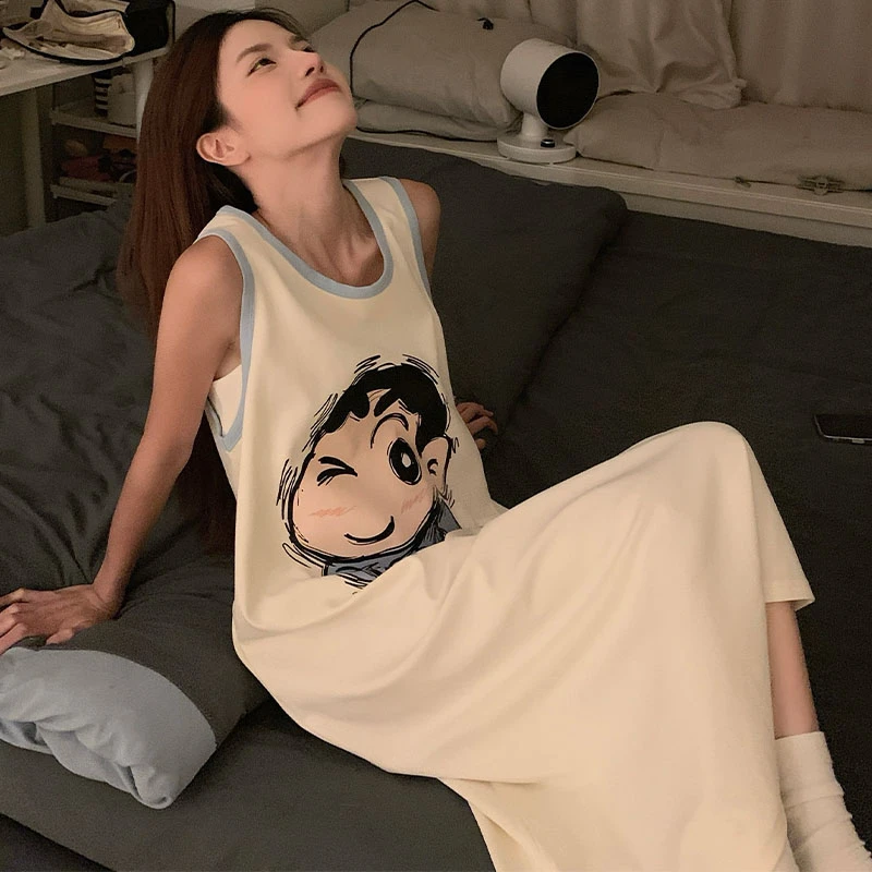 带胸垫无袖睡衣女款夏季日系可爱卡通小新吊带睡裙2025新款家居服