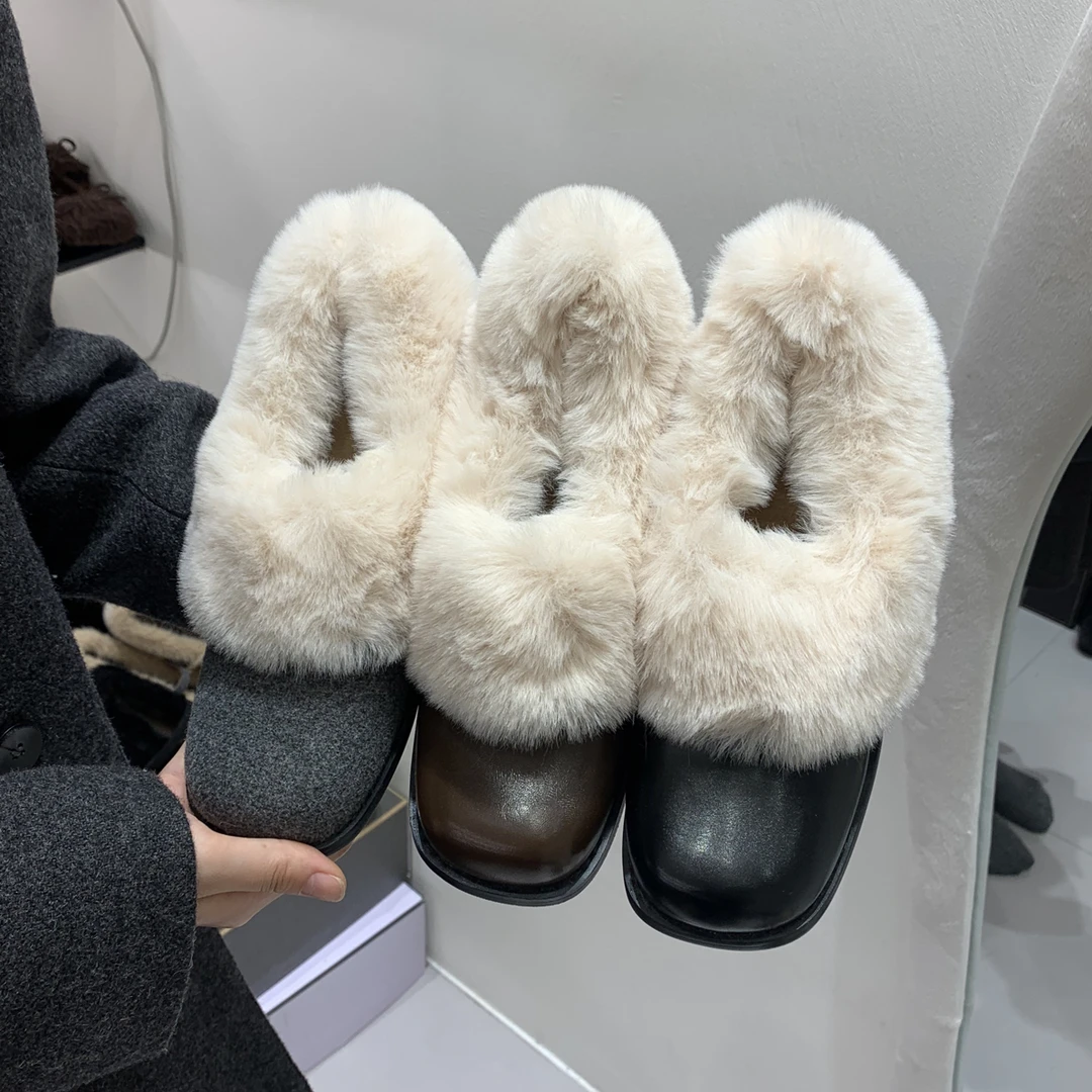 5公分！白色毛毛鞋时尚设计感加厚绒兔毛高跟鞋一脚蹬粗跟棉鞋女冬