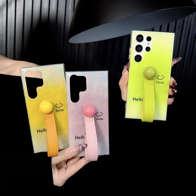 适用三星s23ultra手机壳新款galaxy套s23贝壳纹渐变色笑脸腕带女+