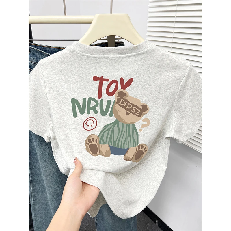 正肩圆领短袖t恤女2025夏季新款韩版ins减龄小熊印花时尚大码上衣