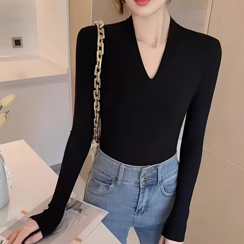 黑色V领t恤女长袖春秋2025新款修身洋气弹力打底衫内搭高级感上衣