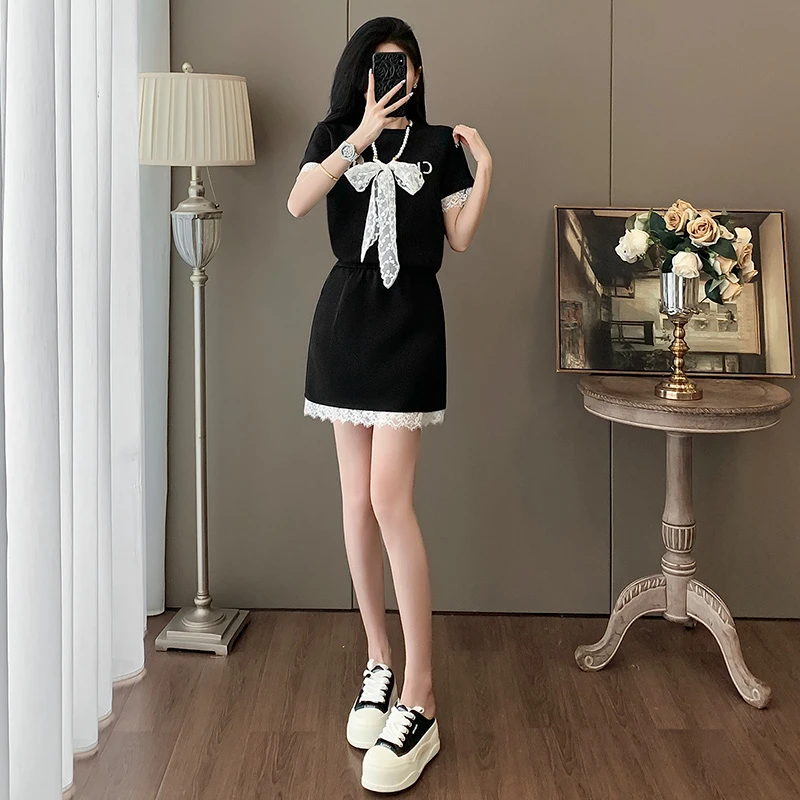 小个子学院风运动休闲套装女夏季显瘦洋气减龄字母蕾丝短袖短裙子