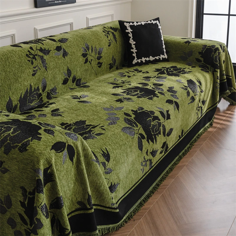 北欧风高级感沙发巾雪尼尔沙发盖布四季通用防猫抓沙发套罩幽花