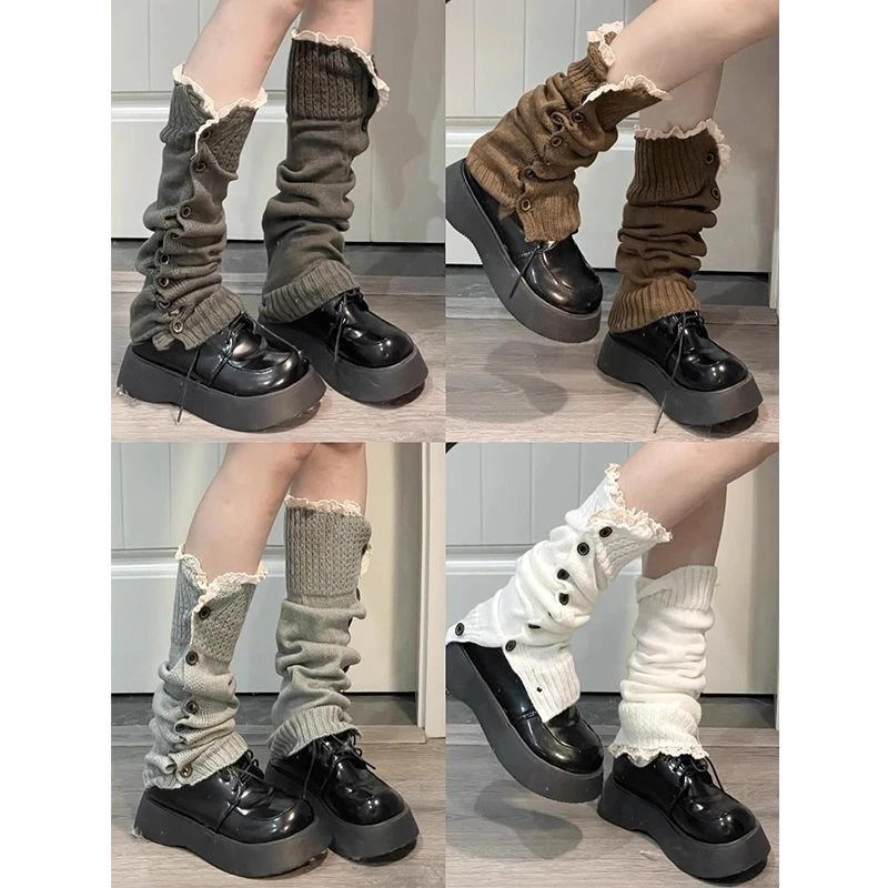 Y2K辣妹毛线针织粉色腿套纽扣花边堆堆袜JL袜套多色