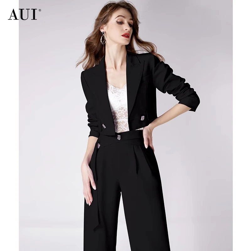 AUI女士黑色职业小西装阔腿裤套装出行减龄衣服两件套-24W044835A