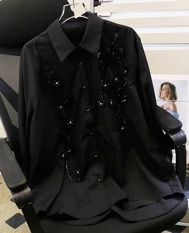 欧货女装南油原创2025新款设计感重工钉珠花朵洋气宽松长袖衬衫