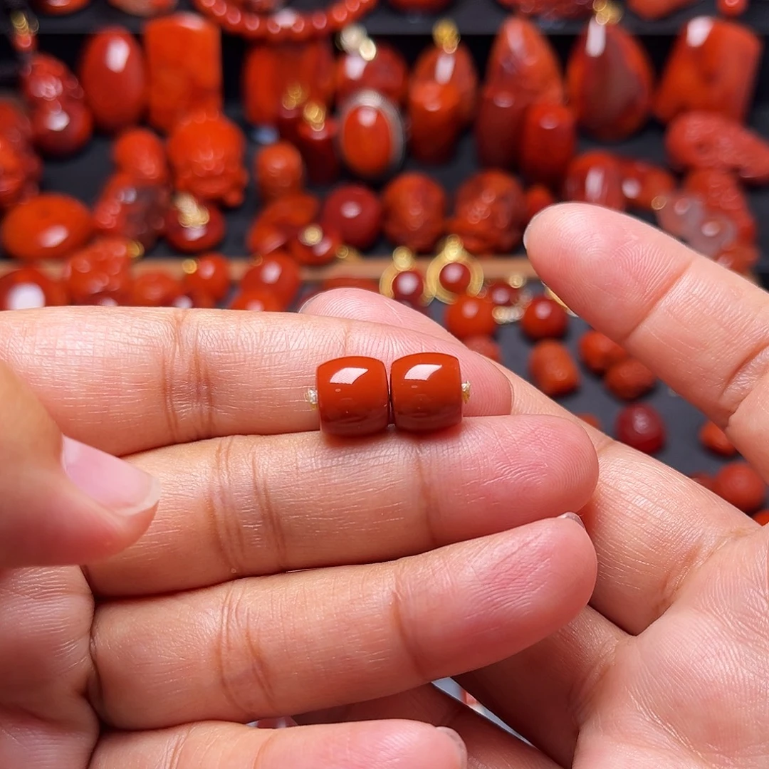 南红玛瑙未镶嵌配饰满肉直切对珠10mm